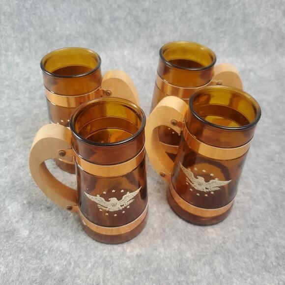 Siesta Ware Amber Glasses Set of 4 Patriotic Eagle Wooden Handle Mug Stein - Picture 2 of 10